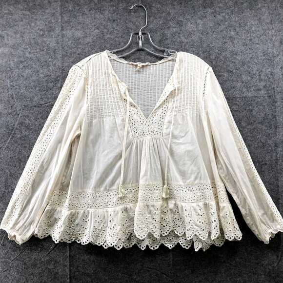 Rebecca Taylor Tops - Rebecca Taylor Tie Neck Blouse Womens Size 6 Ivory Crochet 3/4 Sleeve Boho